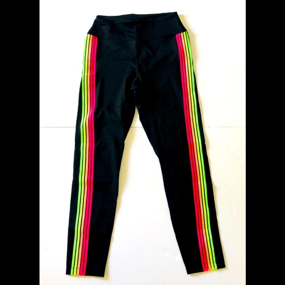 Victoria Secret Pink Ultimate Leggings Small Black With Multicolor Stripes - Picture 1 of 8
